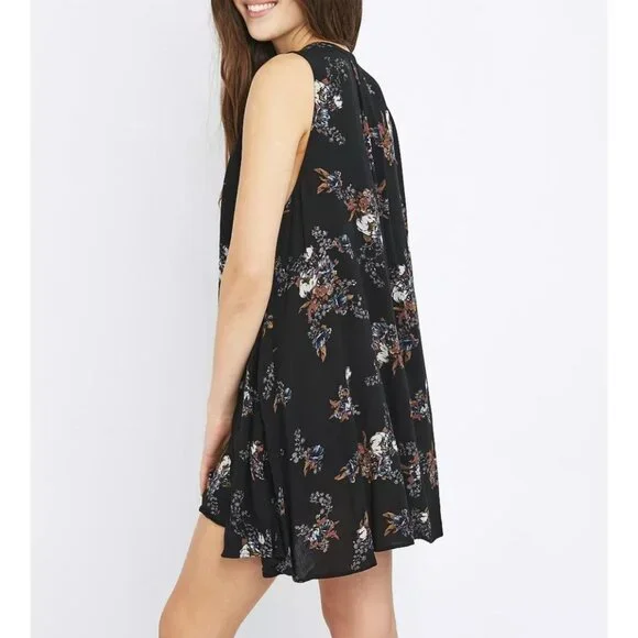 Free People Sz S Sleeveless Black Floral Swing Mini Dress Pockets Gauzy Boho - Picture 9 of 14
